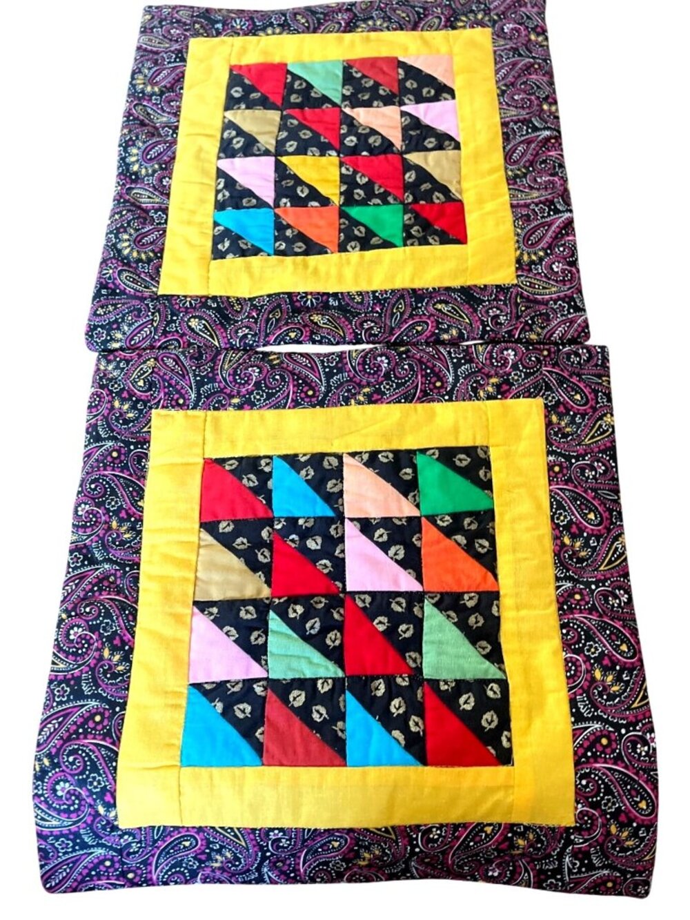 Set Of 2 Handmade Quilted Paisley & Patchwork Cotton Table Mats 14" Square